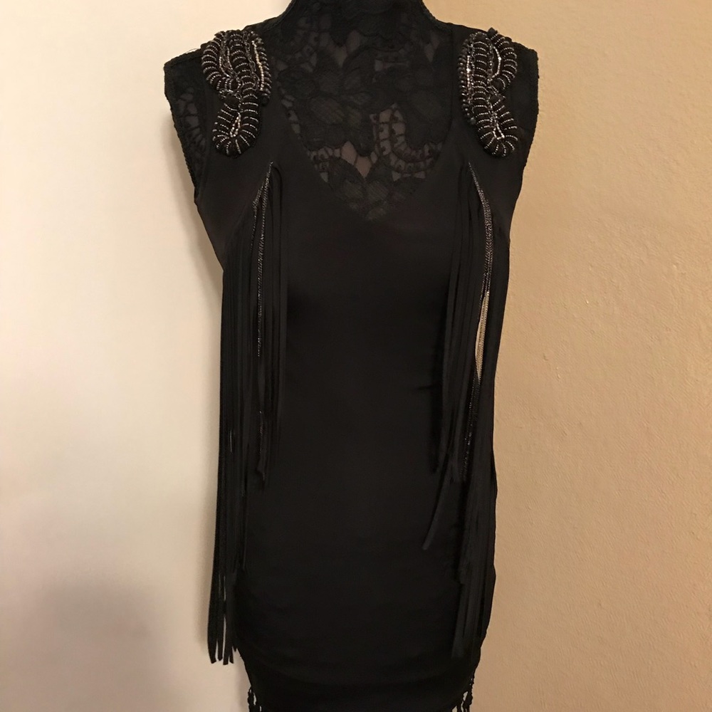 Black fringe detail mini dress